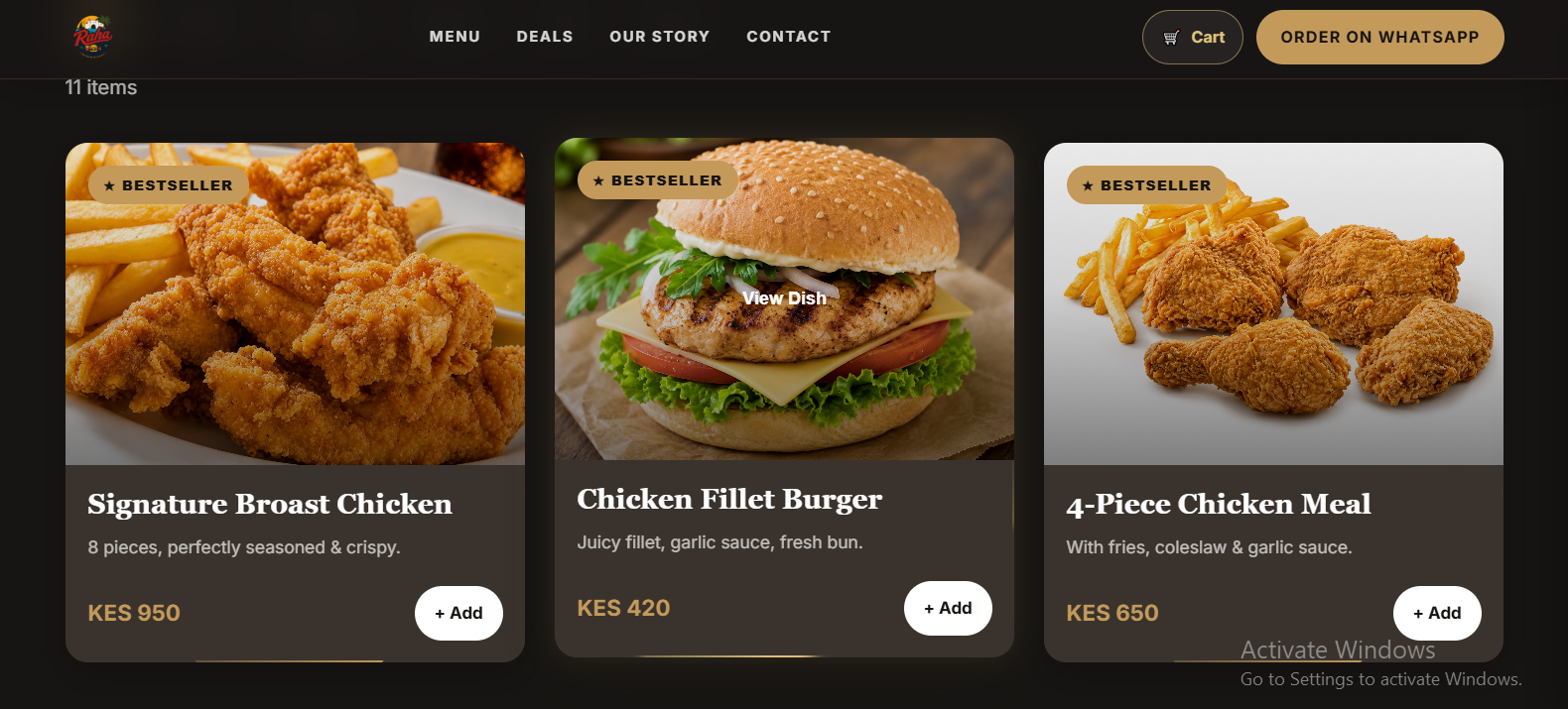 Raha Chicken online menu showing food cards