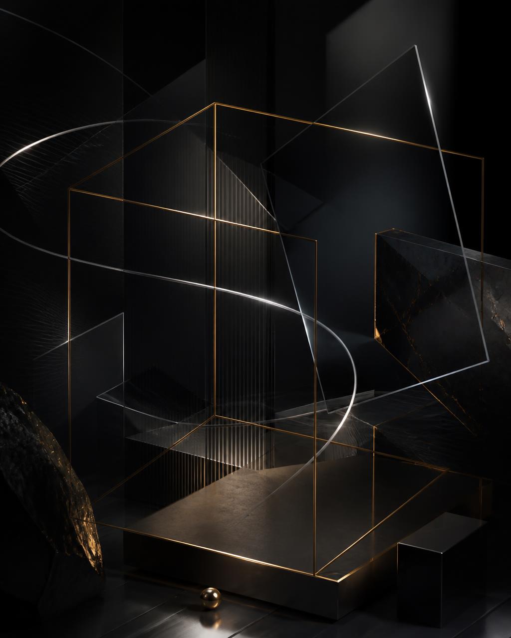 Abstract gold wireframe and glass shapes representing creativity and technology